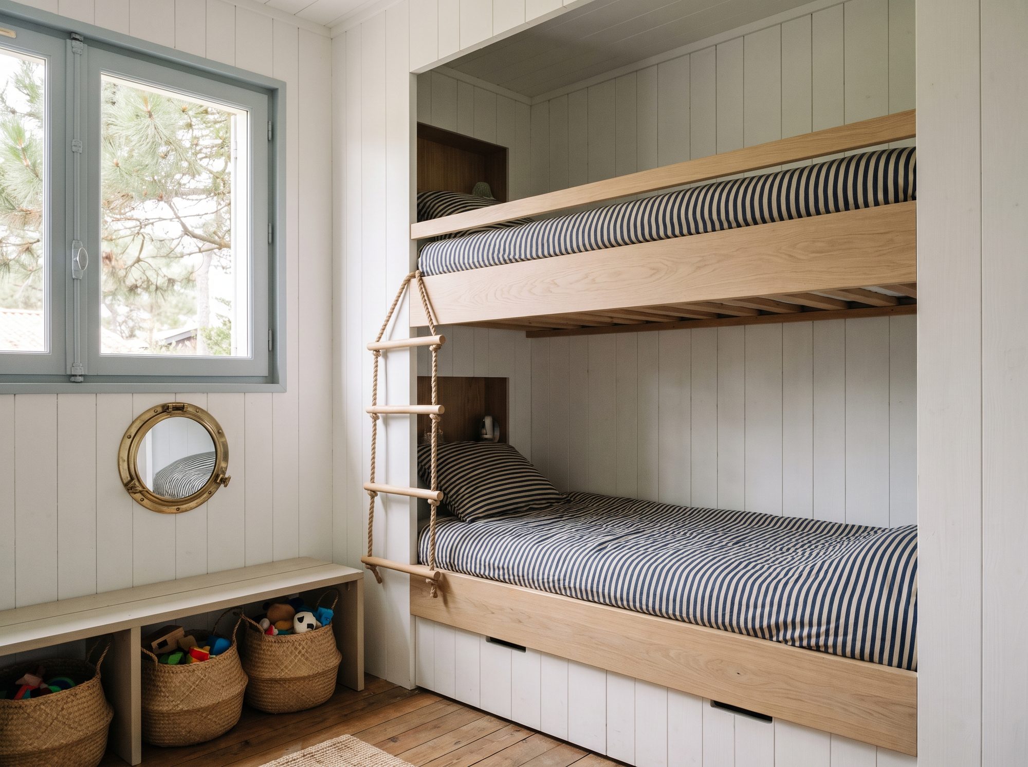 La cabine des enfants : lits superposés en chêne, literie rayée, hublot et échelle de corde