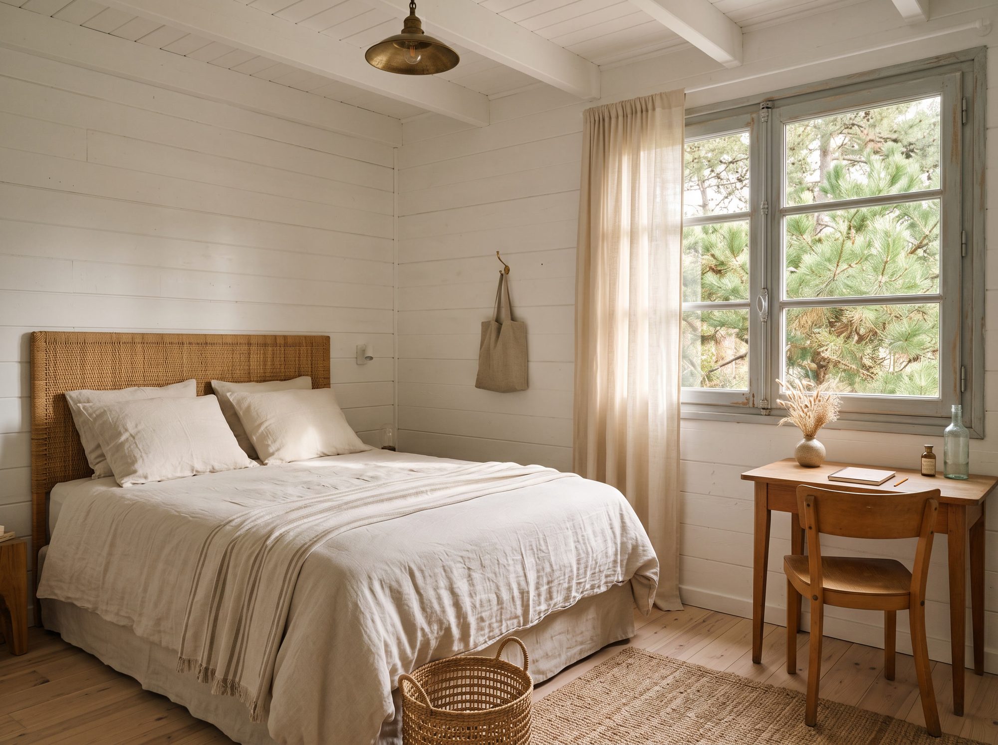 La chambre de la Conche : tête de lit en rotin, bureau ancien