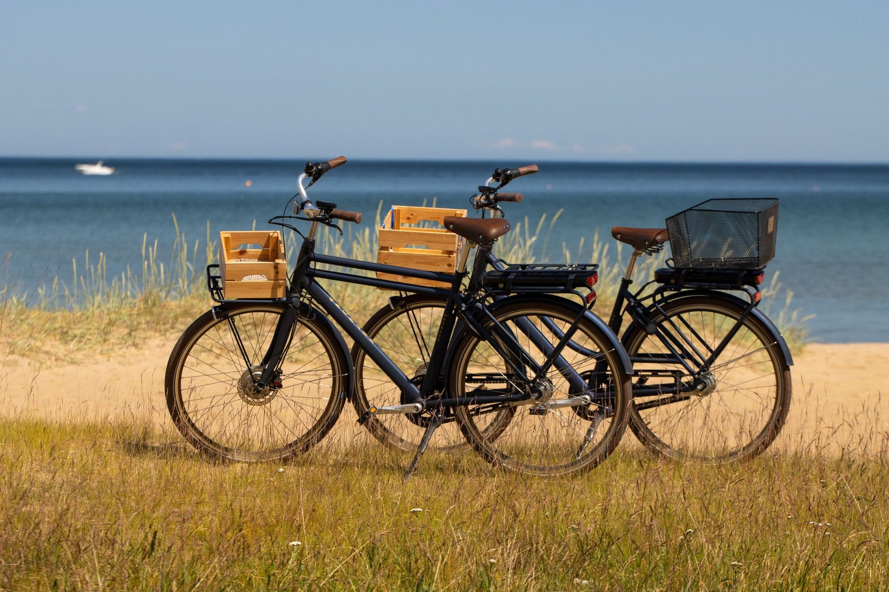 Trois vélos à paniers posés dans les herbes face à l'eau