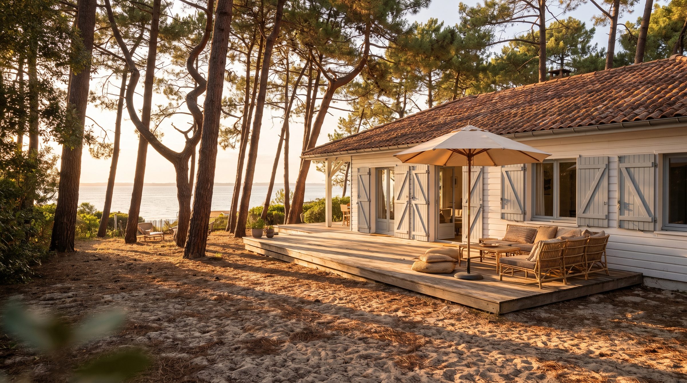 La Villa Pinasse au soir : bardage blanc, volets gris-bleu, terrasse en bois sous les pins, le Bassin entre les troncs