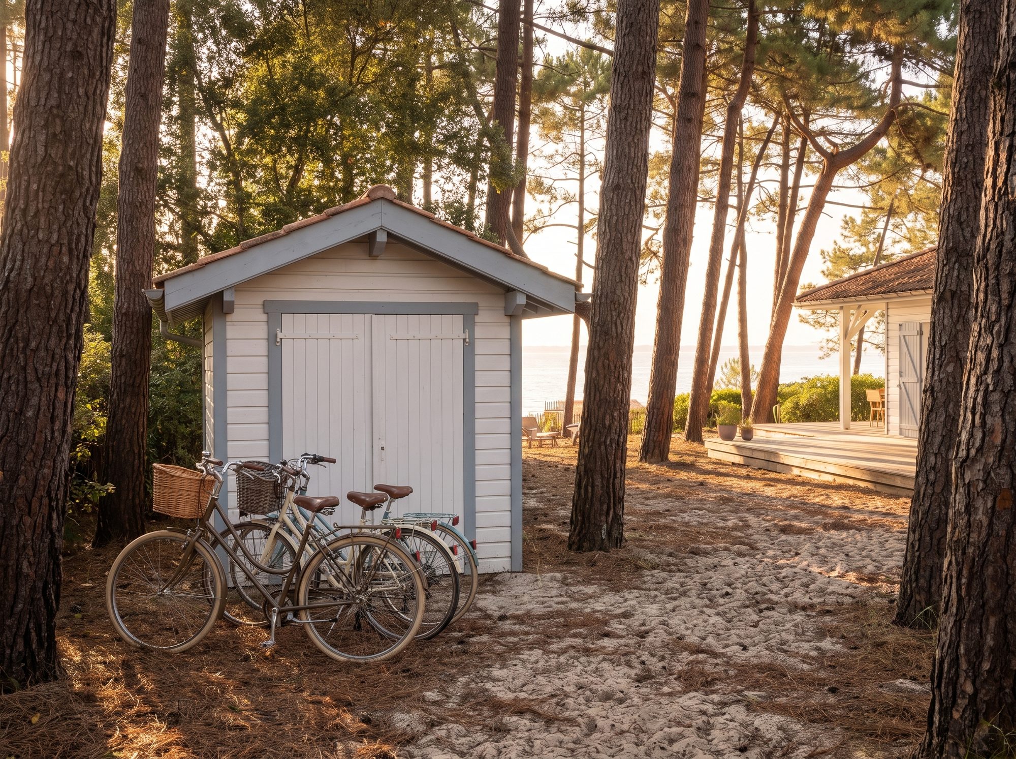 Les vélos à paniers appuyés contre la remise en bois