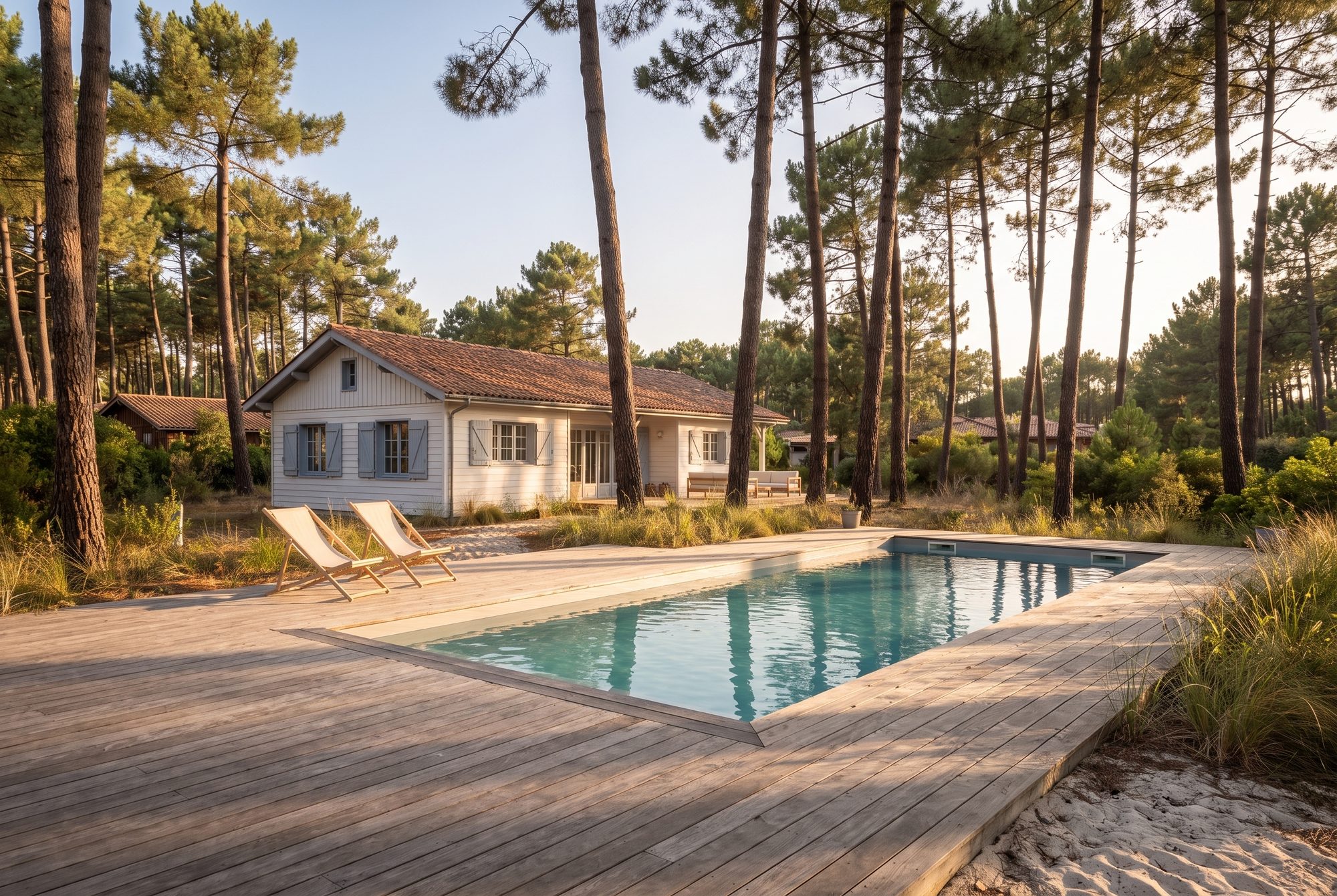 La piscine et sa plage en bois au milieu des pins, la villa en arrière-plan