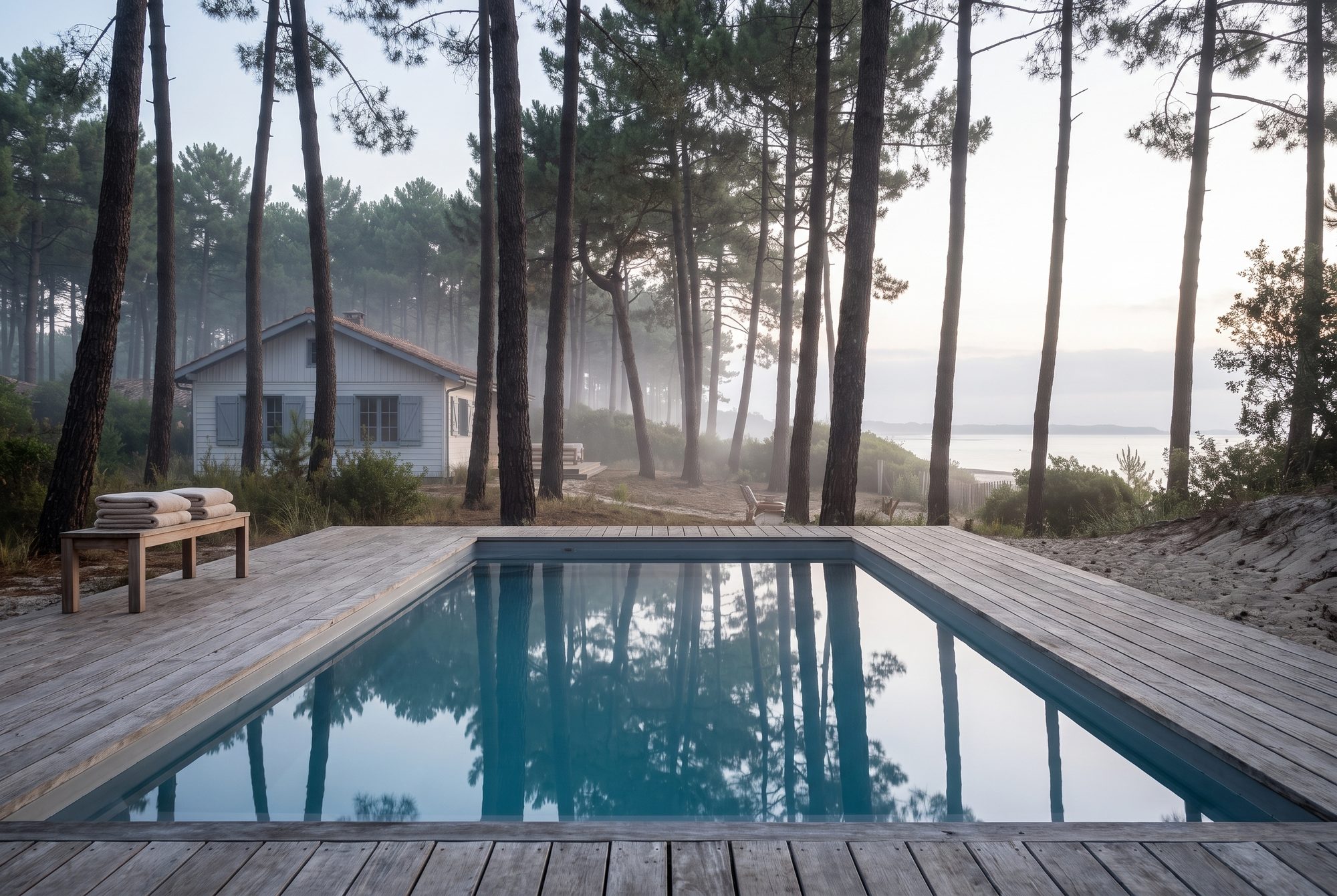 La piscine au petit matin, brume entre les pins, le Bassin en fond