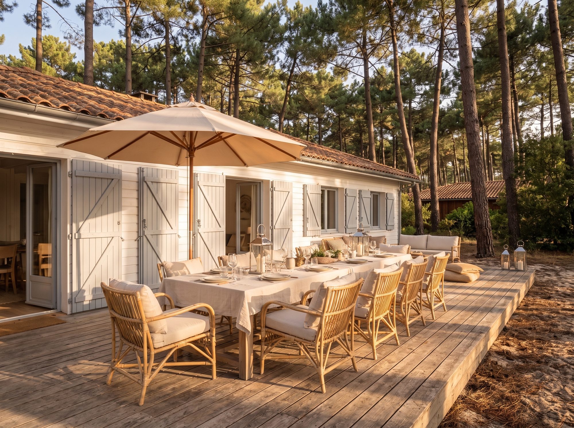 La grande terrasse en bois : table dressée pour dix, fauteuils en rotin, parasol écru sous les pins