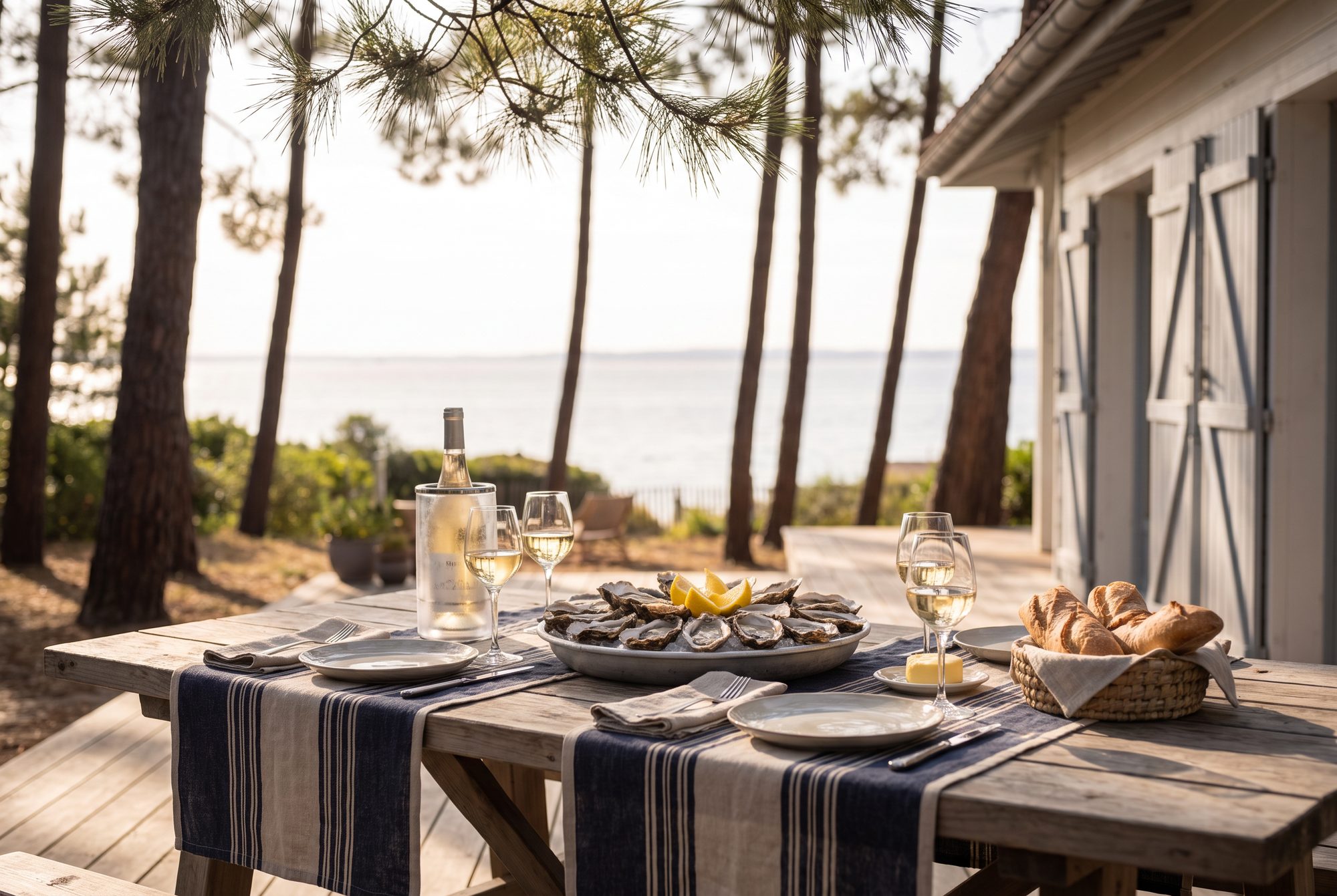 Plateau d'huîtres, pain et vin blanc sur la table de la terrasse, le Bassin en fond